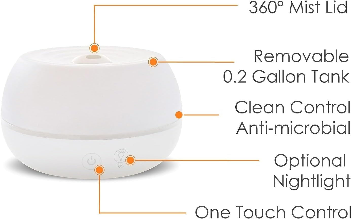 Crane Portable Ultrasonic Travel Humidifier & Aroma Diffuser – 0.2 Gallon Cool Mist, No Filter Required, Optional Essential Oil Tray, Whisper-Quiet for Babies, Travel, & Small Rooms (White)