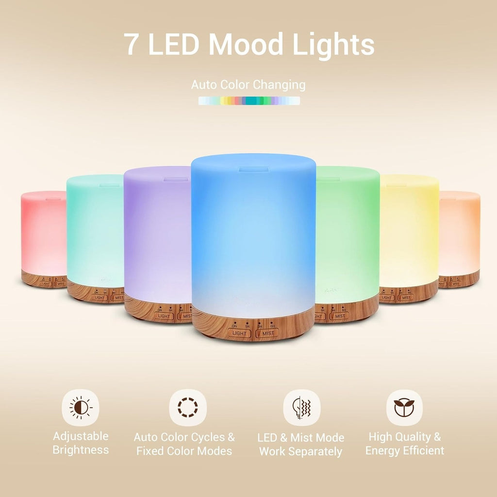 ASAKUKI Essential Oil Diffuser for Home, 300 ml Humidifier with Automatic Shut-Off, Quiet Aromatherapy Diffuser with 7 LED Lights for Living Room, Kitchen, Bedroom, Hotel - Light Brown