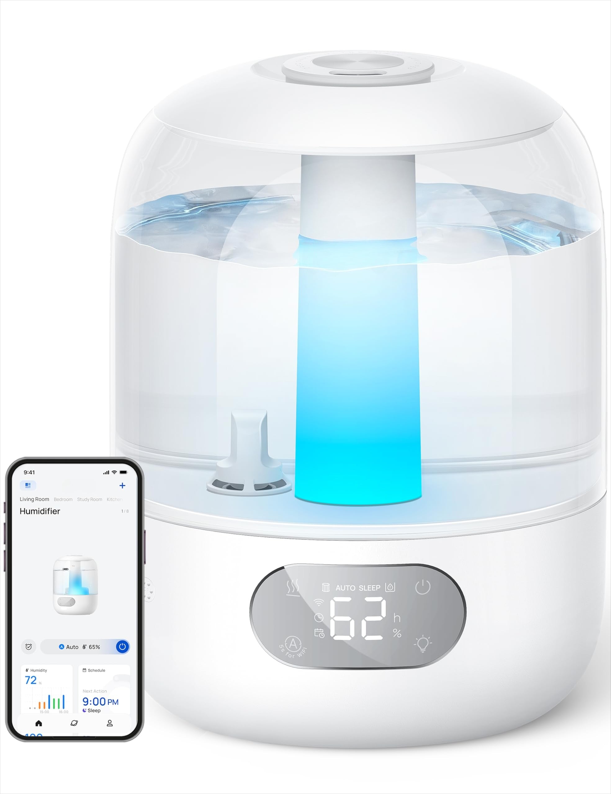 DREO Humidifiers for Bedroom, 3L Top Fill 30H & 26dB Quiet Runtime for Large Room, Cool Mist Ultrasonic Humidifier with Humidity Sensor, Night Light for Home, Baby, Nursery, Plants, New Edition