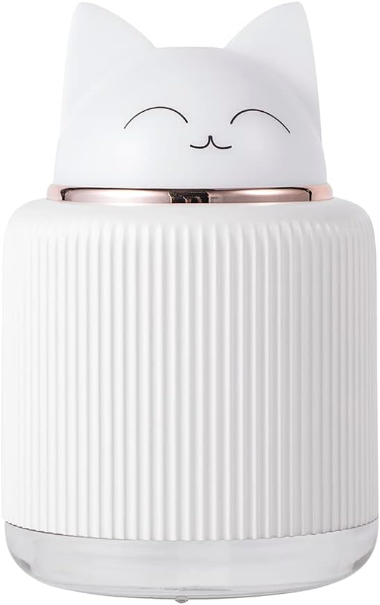 Mini Humidifier-Cute Cat Mist Humidifier for Kids Bedroom, Small Ultrasonic humidifier for Home Car Office with USB 2 LED Colors, Waterless Auto Shutoff, Quiet 300ml (White)