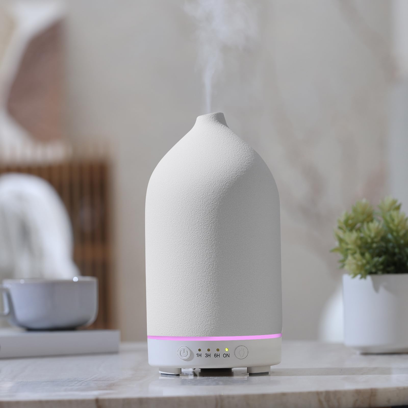 Gooamp 200ML Ceramic Essential Oil Diffuser - Ultrasonic Aromatherapy & Humidifier with 7-Color LED Lights, Auto Shut-Off, Wood Grain Base, 1H/3H/6H Timer | Scent for Home, Office, Yoga