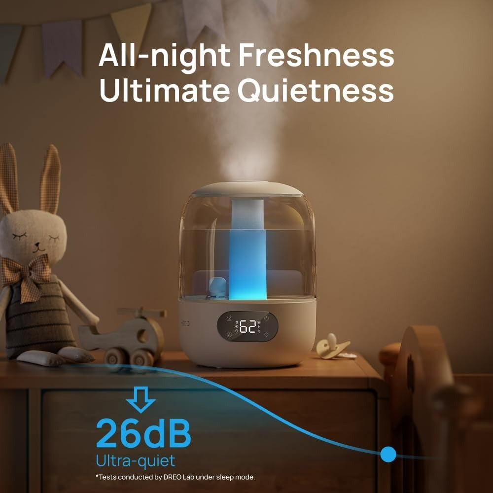 DREO Humidifiers for Bedroom, 3L Top Fill 30H & 26dB Quiet Runtime for Large Room, Cool Mist Ultrasonic Humidifier with Humidity Sensor, Night Light for Home, Baby, Nursery, Plants, New Edition
