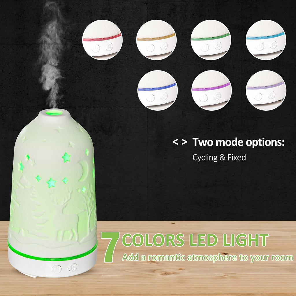 HOMCOM 100ml Ultrasonic Aromatherapy Diffuser, Essential Oils Humidifier with Ceramic Cover, 7 Colors LED Lights, Timer, Waterless Auto-Off for Home and Office, White
