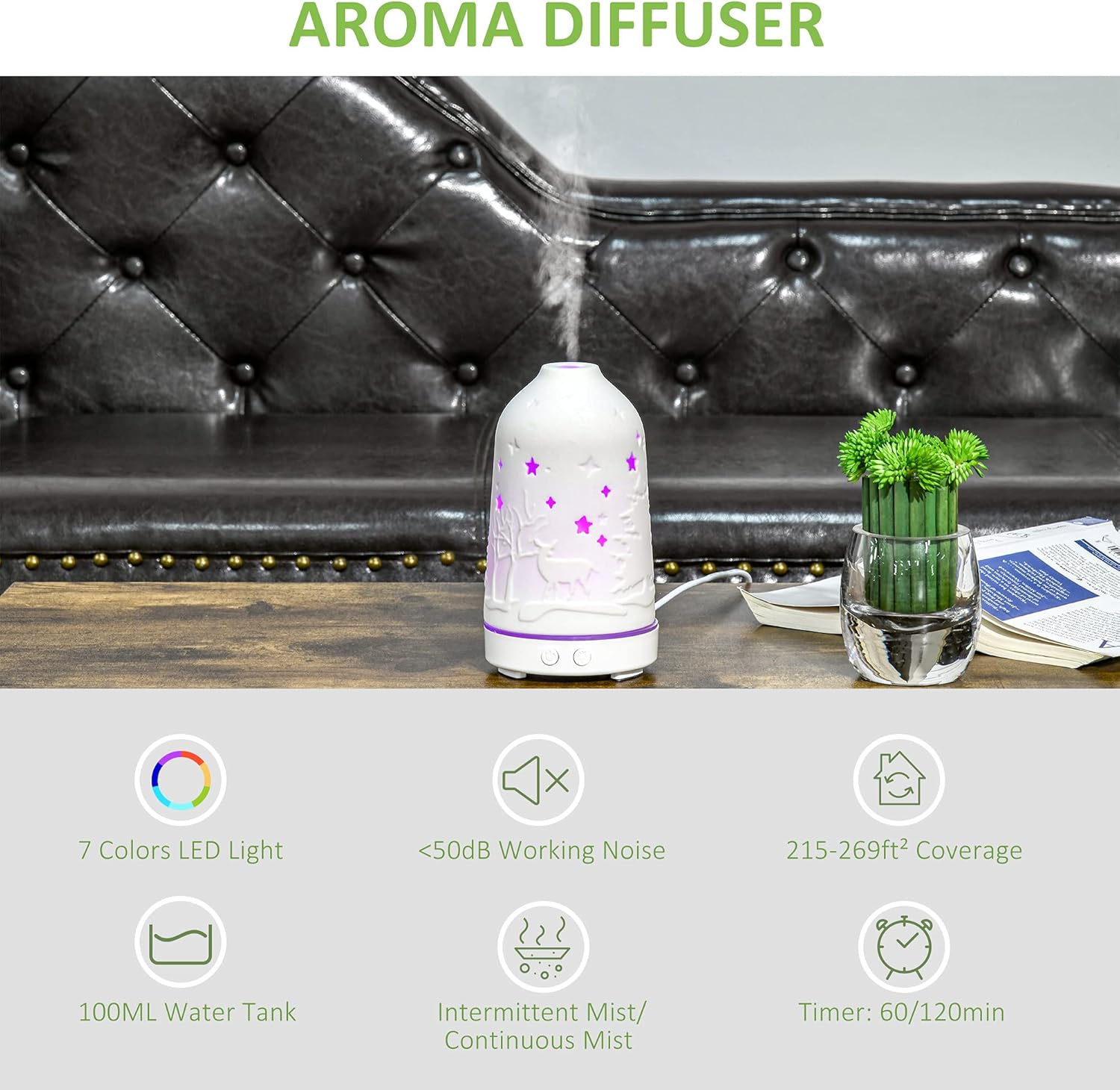 HOMCOM 100ml Ultrasonic Aromatherapy Diffuser, Essential Oils Humidifier with Ceramic Cover, 7 Colors LED Lights, Timer, Waterless Auto-Off for Home and Office, White