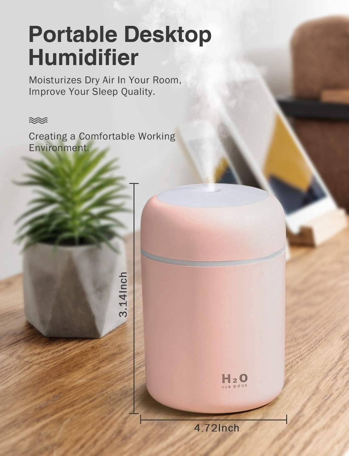 LtYioe Colorful Cool Mini Humidifier, USB Personal Desktop Humidifier for Car, Office Room, Bedroom,etc. Auto Shut-Off, 2 Mist Modes, Super Quiet. (Pink)