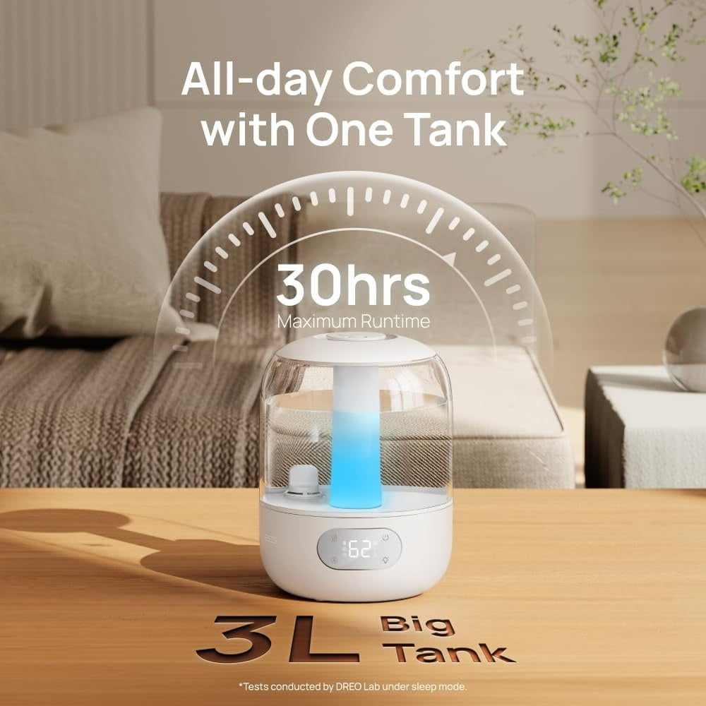 DREO Humidifiers for Bedroom, 3L Top Fill 30H & 26dB Quiet Runtime for Large Room, Cool Mist Ultrasonic Humidifier with Humidity Sensor, Night Light for Home, Baby, Nursery, Plants, New Edition